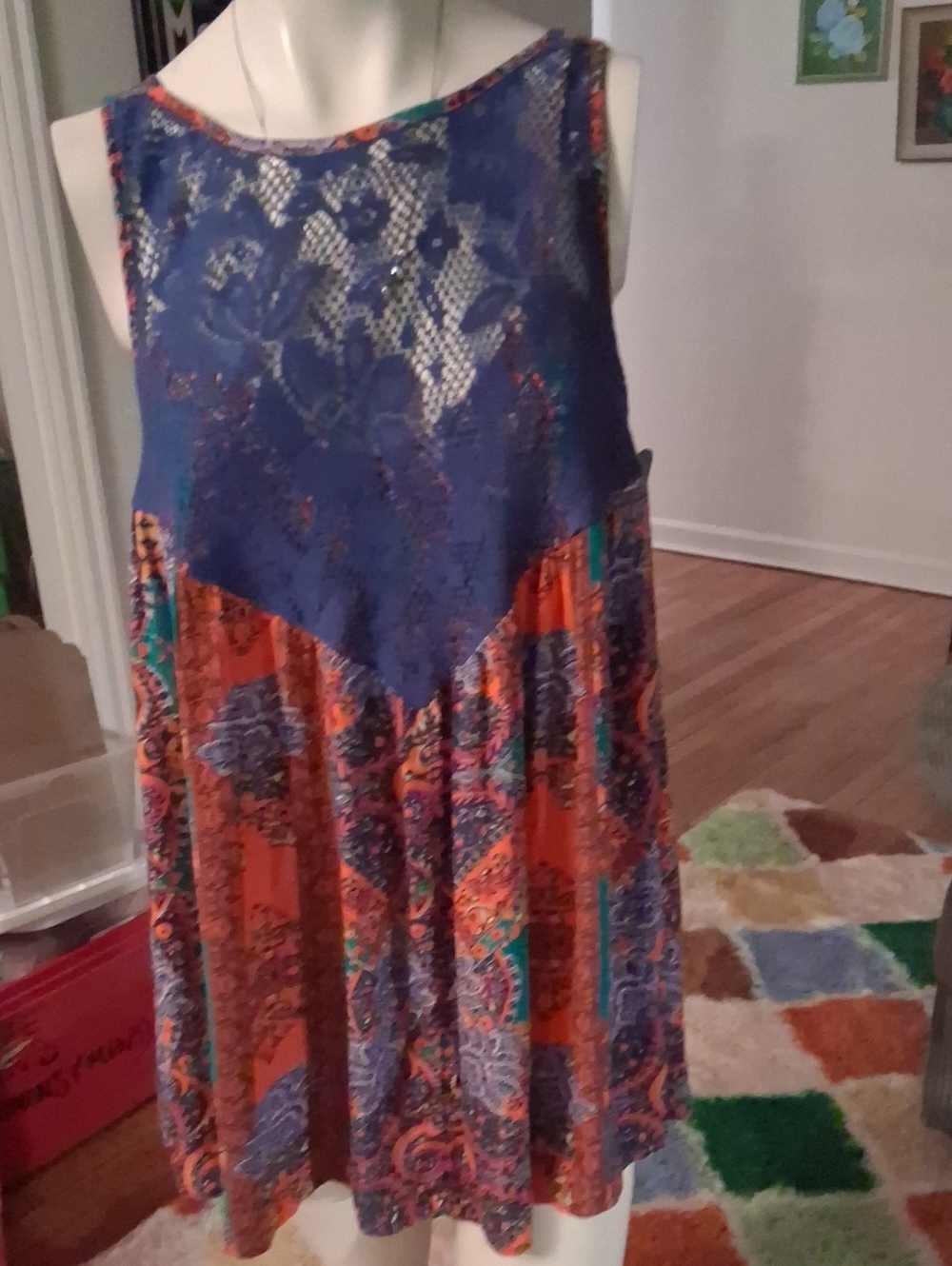 Free People Orange Floral Mix Lace-Yoke Tunic Top